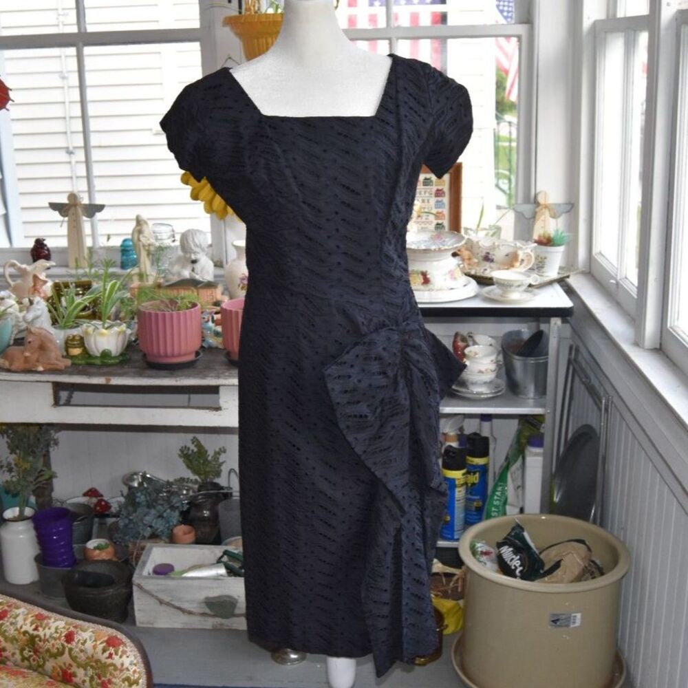 Vintage 1950s Black Eyelet Wiggle Cocktail Dress Bow Hip Sheath M